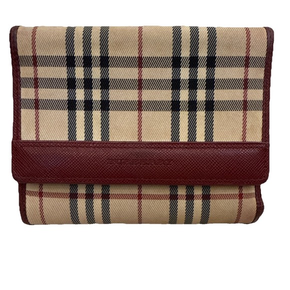 Auth BURBERRY Nova Check Canvas Leather Beige Tri-fold Wallet Red Leather Trim - Picture 1 of 14